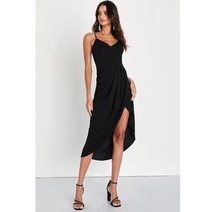 Lulus Reinette Black Midi Dress Crepe Draped Wrap V Neck Front Slit Large NWT